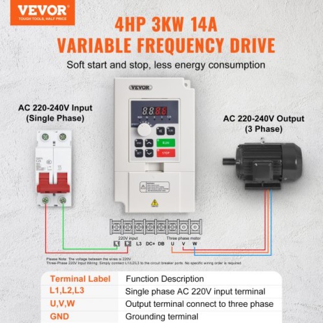 VEVOR Μετατροπέας Συχνότητας 4HP 3KW 14A 1 ή 3 Φάσεων AC 220V Είσοδος σε 3 Φάσεων AC 0~220V Έξοδος BPQDQ3KW220VKM54OV7
