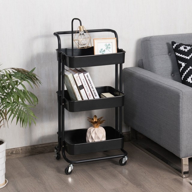 Costway Πολυλειτουργικό Καρότσι Αποθήκευσης με 3 Ράφια σε Μαύρο/Λευ...