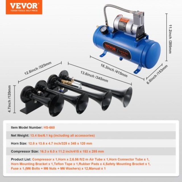 Σετ Κόρνας Τρένου VEVOR, 4 Σάλπιγγες, 150dB, 12V Συμπιεστής 120 psi με Δοχείο 6L για Οχήματα  QLBYCQGTZ12VRGCVHV9