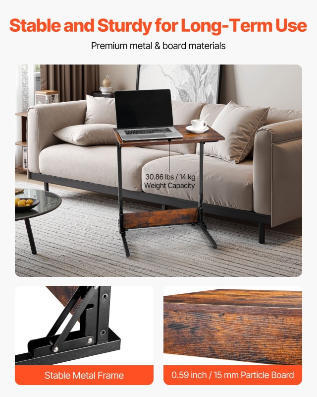 VEVOR Πτυσσόμενο Τραπεζάκι C για Καναπέ με Μεταλλικό Σκελετό, Καφέ,...