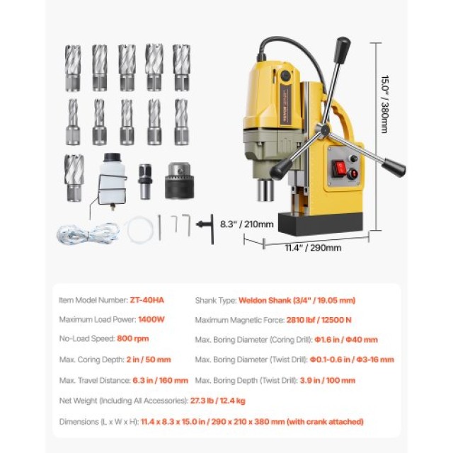 VEVOR Μαγνητικό Δράπανο 1400W 2810 lbf 1.6 in 11 Μύτες CLZJP11J40MMIQMACV2