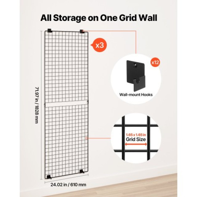 VEVOR 3 Σετ Τοίχου Grid, Μαύρο Ατσάλι BGWGQ7080INC1MICW001V0