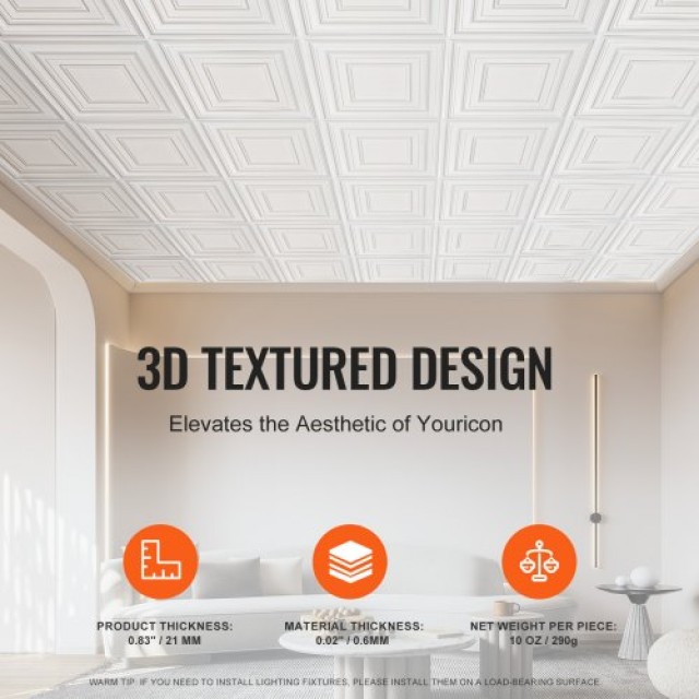 VEVOR Πλακάκια Οροφής 12τμχ 24x24in PVC Εύκολη Εγκατάσταση Λευκός Σ...