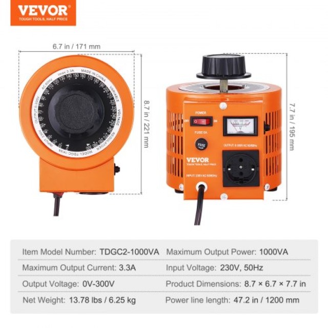 VEVOR  Μετασχηματιστής Τάσης 1000VA 3.3A 0-300V AC Ρυθμιστής CE KBBYQZZBS100WO1OAV2