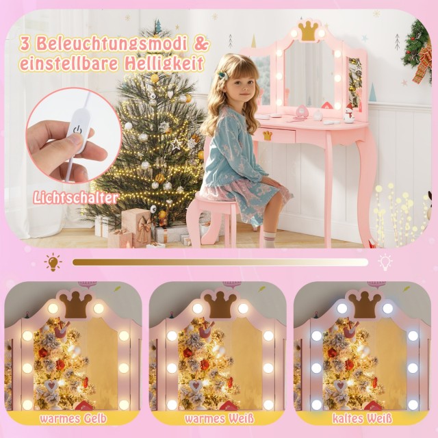 Costway  Παιδικό Τραπέζι Μακιγιάζ με Φωτισμό και Τριπλό Αναδιπλούμε...