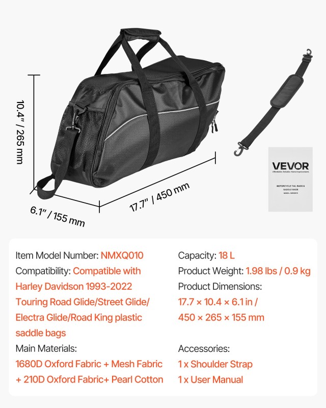 VEVOR Σακίδιο Εσωτερικού Σαμαριού Μοτοσυκλέτας 18L - 17.7 x 10.4 x ...