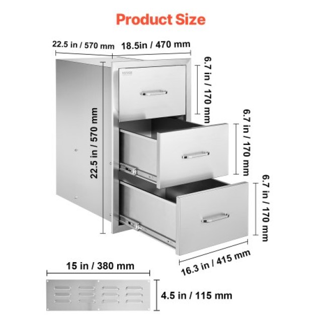 VEVOR Συρτάρια Εξωτερικής Κουζίνας Τριπλά BBQ 18.5x22.5x22.5 ZJCTJ1...