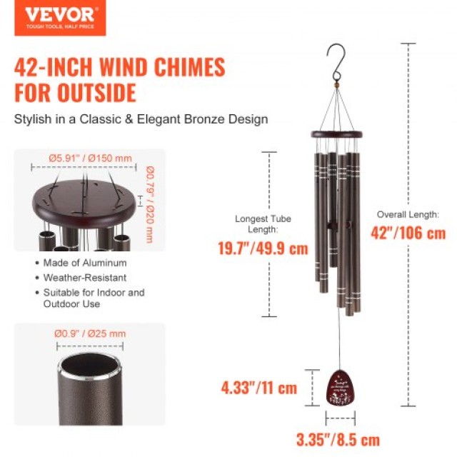 VEVOR Καμπανάκια ανέμου για εξωτερικό χώρο 1067 mm, αλουμινένια μνη...