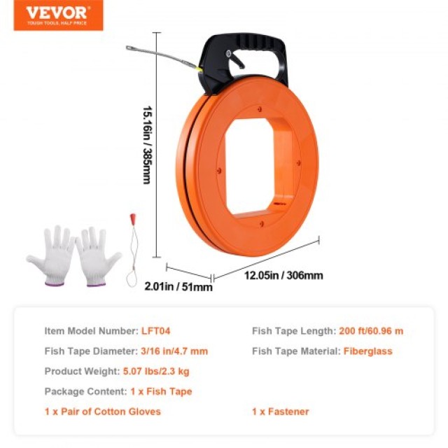 VEVOR Ταινία Ψαρέματος Καλωδίων 200ft 3/16in Fiberglass με Πλαστική...