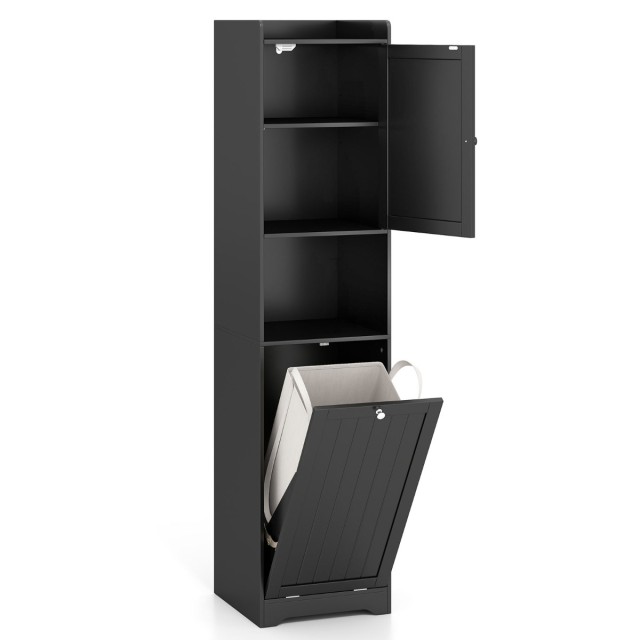 Costway Μαύρο Ντουλάπι Μπάνιου με Ρυθμιζόμενο Ράφι και Καλάθι για Ρ...