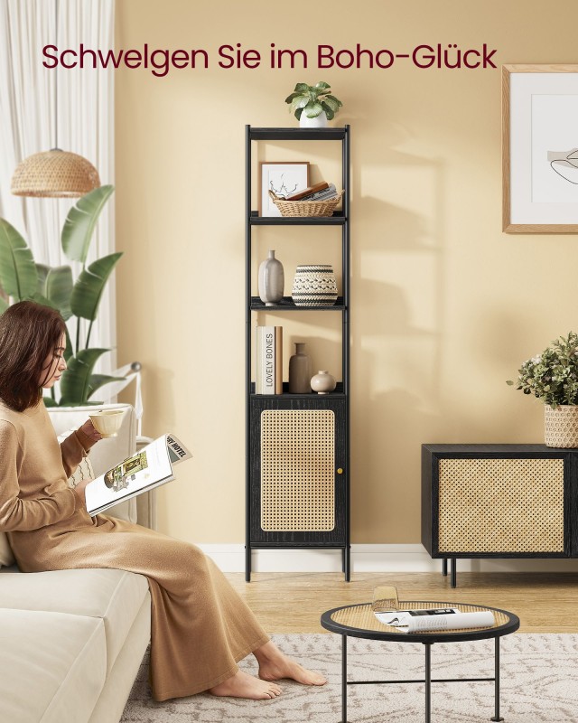VASAGLE Βιβλιοθήκη 6 Επιπέδων με Πόρτα Rattan, Ραφιέρα για Σαλόνι 