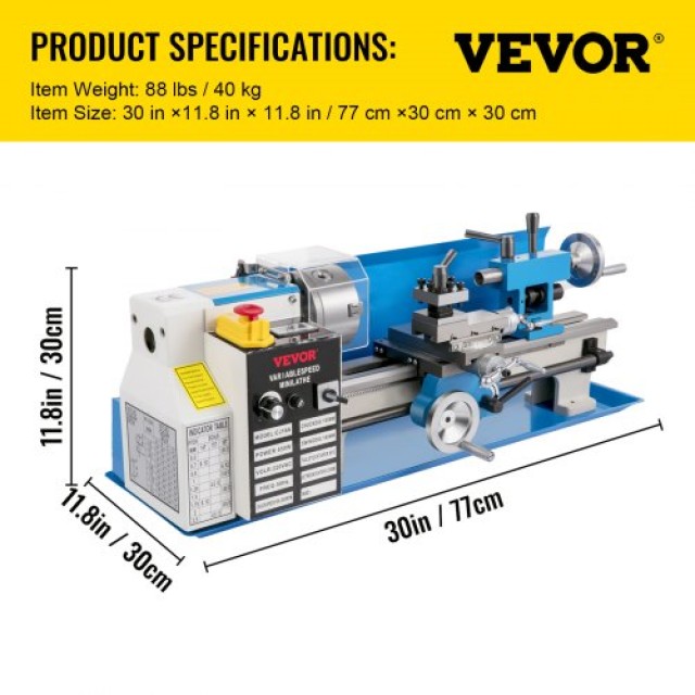 VEVOR Μίνι Τόρνος Μετάλλου 7x14, 550W, 2250RPM, με 3-σιαγόνα Τσοκ, Ψηφιακή Οθόνη  SJ7X1455006188233V2