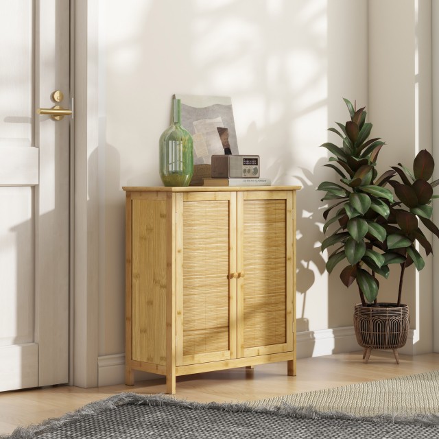 HOMCOM Μπουφές Boho στυλ από Ρατάν και Μπαμπού με 2 Πόρτες και Εσωτερικό Ράφι 60x27x67.5cm Χρώμα Ξύλου 839-981V00ND