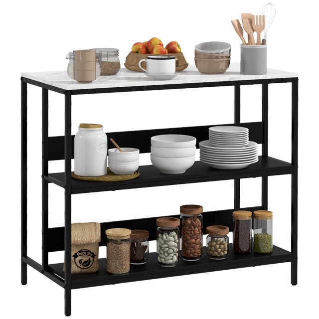 HOMCOM Kitchen Island με ράφια, μαρμάρινο εφέ και μεταλλική κατασκευή, 100x50x90cm, ασπρόμαυρο 801-338V80BK