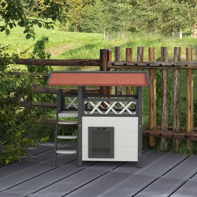 PawHut Outdoor Cat House με Βεράντα και Ξύλινη Σκάλα, 77x50x73cm, Λευκό και Γκρι D30-076V02WT