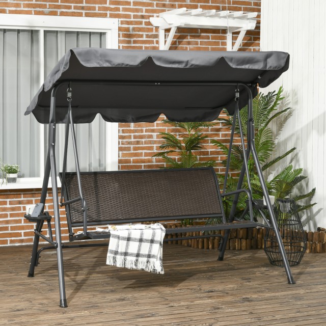 Outsunny 3θέσιο αιωρούμενο κάθισμα κήπου από PE Rattan and Steel με ρυθμιζόμενο θόλο και ποτηροθήκη, 204x112x150 cm 84A-277V00CG