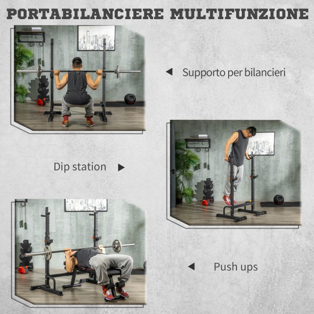 HOMCOM Barbell Rack με στηρίγματα για Dip Station και Push Up από ατσάλι, Ρυθμιζόμενο ύψος και πλάτος, μαύρο A91-216BK