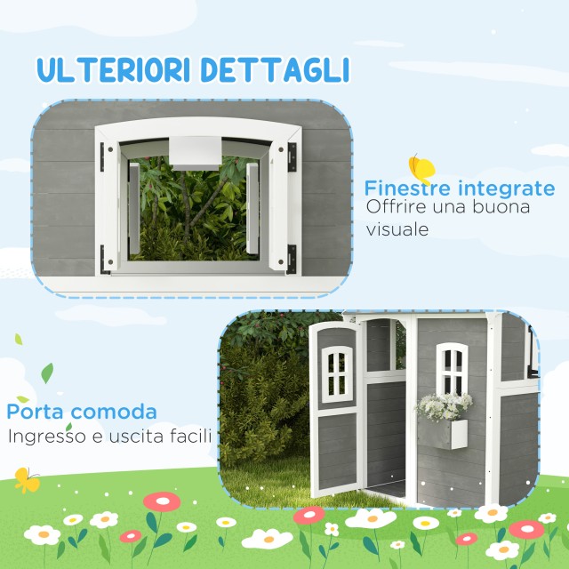 Outsunny Playhouse για παιδιά 3-8 ετών με 6 παράθυρα και ζαρντινιέρα, σε ξύλο ελάτης, 104,5x110x137 cm, Γκρι 345-026V00GY