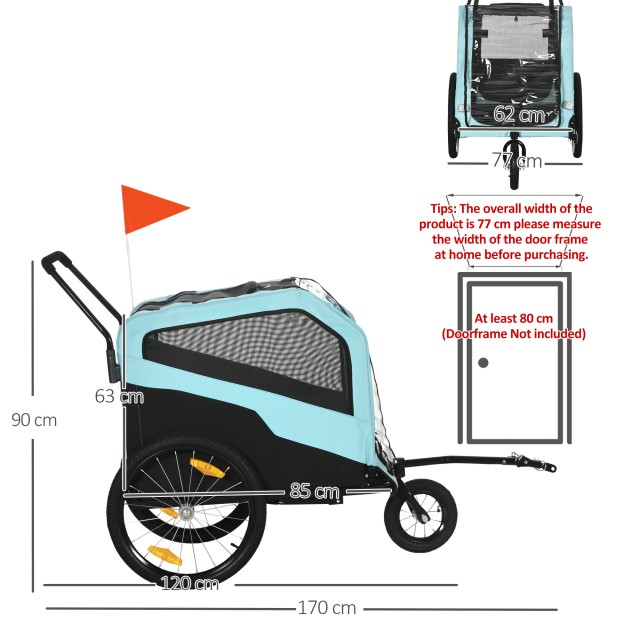 PawHut Bike Trailer για σκύλους 30kg max με 2 εισόδους και τσέπες αποθήκευσης, σε ατσάλι και ύφασμα Oxford, μπλε D00-168V00LB