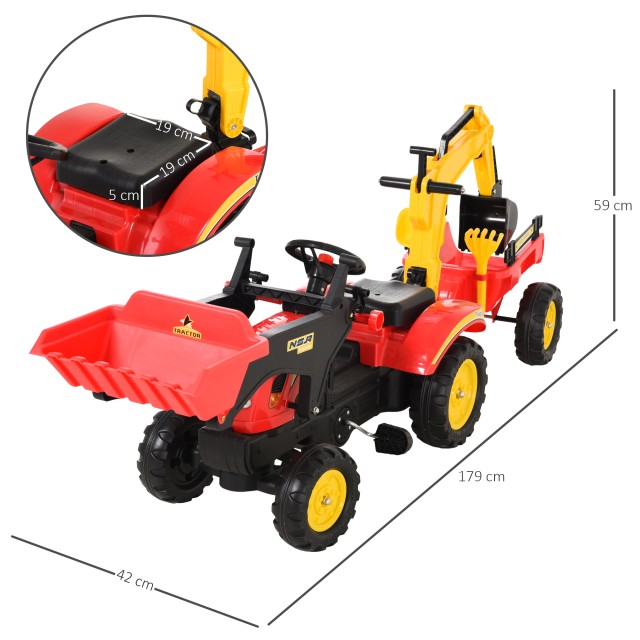 HOMCOM Toy Truck with Pedals, Ride-on Excavator για Παιδιά με Φτυάρια και Τιμόνι, 179x42x59cm Πολύχρωμο 341-033
