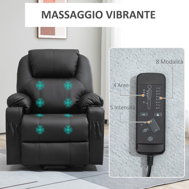 HOMCOM Lift Chair Max 135° Recliner με 8 πόντους μασάζ και στήριγμα ποδιών, 88x92x106 cm, Μαύρο 713-096BK