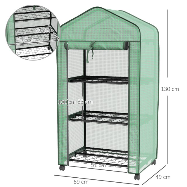 Outsunny Mini Garden Greenhouse με κάλυμμα PE, 3 ράφια και ρόδες, 69x49x130cm, πράσινο 84H-068V00GN