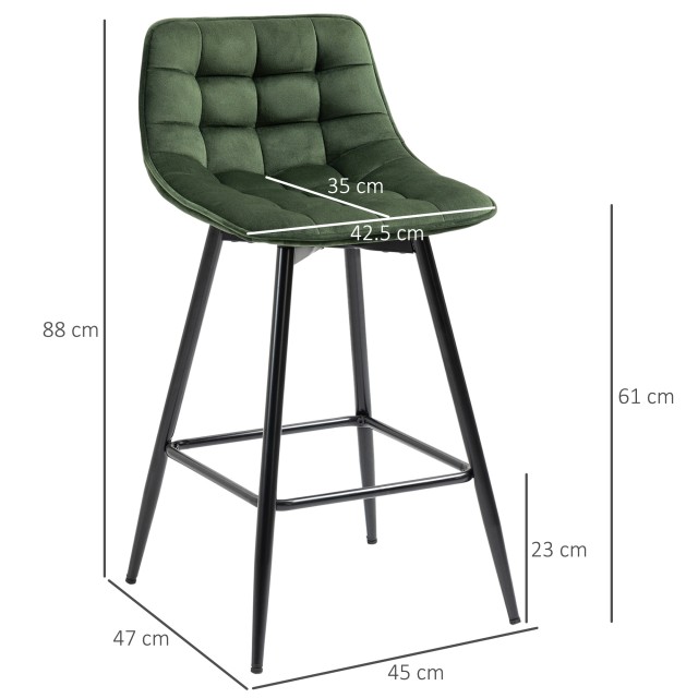 HOMCOM Σετ 2 σκαμπό μπαρ με πλάτη και υποπόδιο Nordic Style σε μέταλλο και βελούδο, πράσινο, 45x47x88cm 835-271V00GN