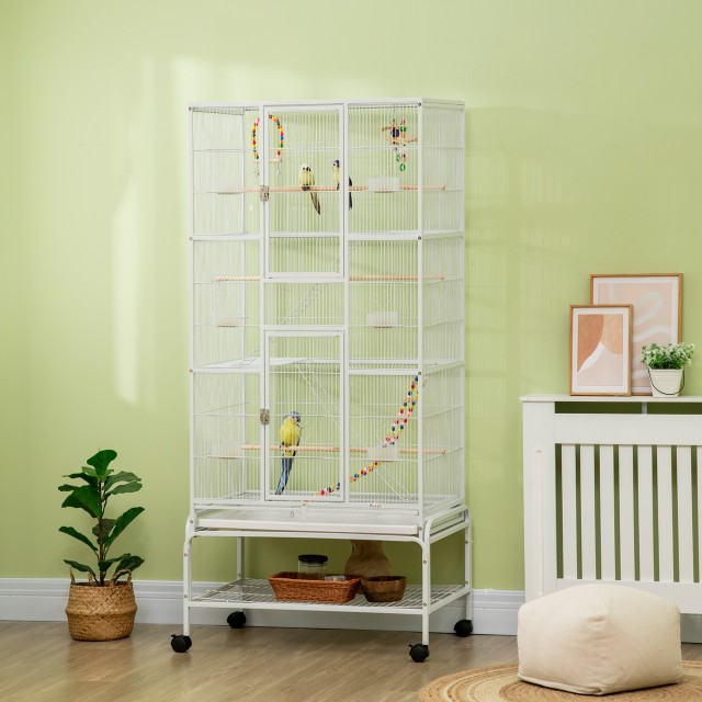 PawHut Bird Cage από ατσάλι και PP με κουρτίνες, παιχνίδια, δοχεία φαγητού και δίσκο, 83x53x180 cm, λευκό D10-089V00WT