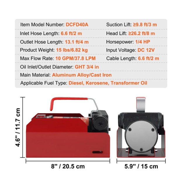 Φορητή Αντλία Μετάγγισης Καυσίμου 12V 37.8 Lt/min VEVOR C155W40LPM12VBIFFV9