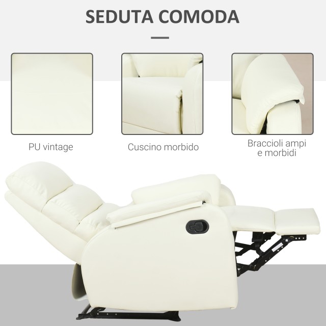 Homcom Manual Ανακλινόμενη Πολυθρόνα Relax σε Δερματίνη, Κρέμα, 75x92x99cm 833-386WT