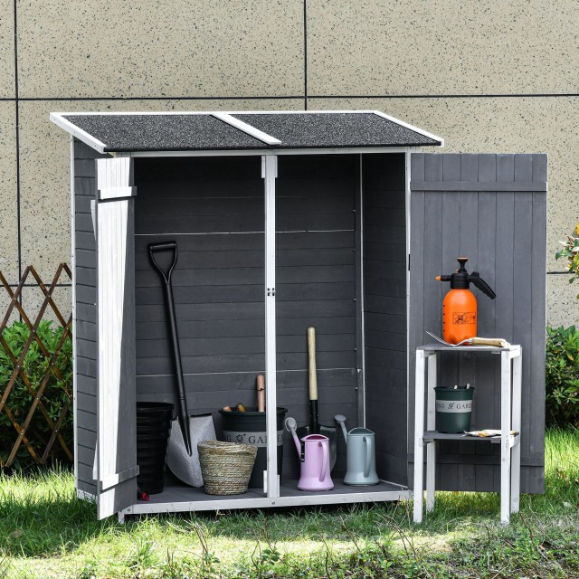 Outsunny Garden Shed Ξύλινη Εργαλειοθήκη, Διπλή Πόρτα με Κλειδαριά και Αποσπώμενο Τραπέζι, 139x75x160cm, Γκρι 845-353V01