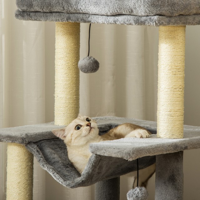 Cat Tree με Σιζάλ Σχοινί ξύσιμο Σπίτι Μαξιλάρι και αιώρα Λούτρινο και τσόχα κάλυμμα Γκρι 48 x 48 x 90 cm PawHut D30-491