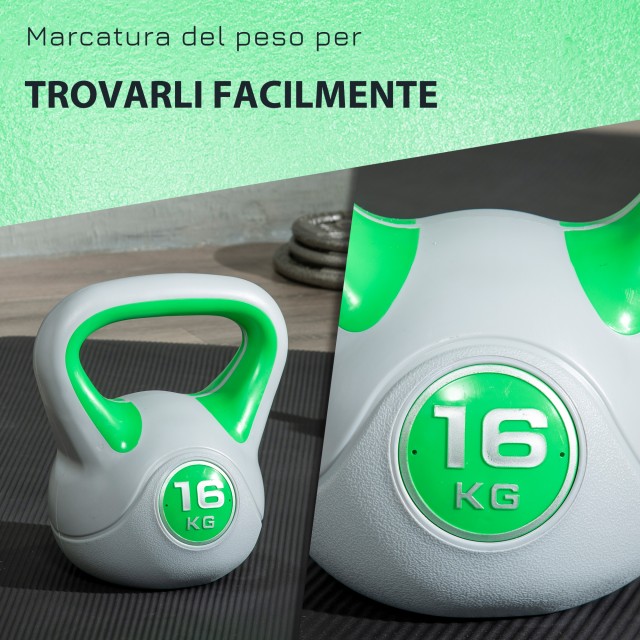 SPORTNOW Kettlebell 16kg σε PU και Sand με επίπεδη βάση και λαβή για Deadlifts, Squats και Lifts, 26x18x32 cm, Πράσινο A91-255V07GN