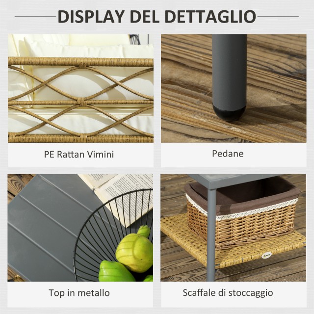 PE Rattan Garden Lounge με σεζλόνγκ, 2θέσιο καναπέ και τραπεζάκι σαλονιού, κρέμα 84G-359V00CW