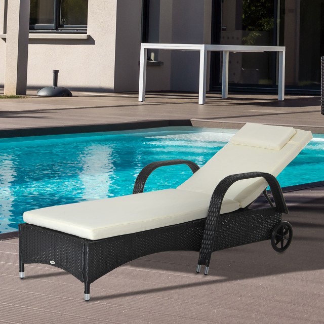 Ξαπλώστρα Outsunny σε PE Rattan με επένδυση και ρόδες μαύρο 200 x 73 x 56-103 cm 862-005BK