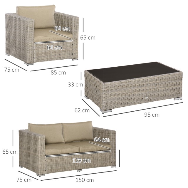 Σετ Έπιπλα Κήπου Outsunny 4 τεμαχίων σε PE Rattan, Σαλόνι εξωτερικού χώρου με 1 Καναπέ, 2 Πολυθρόνες, 1 Τραπεζάκι σαλονιού και Αποσπώμενα και Πλενόμενα Μαξιλάρια, Χακί και Μπεζ 860-211