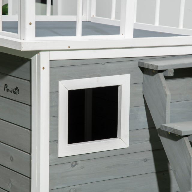 Pawhut Dog House με σκάλα βεράντας και παράθυρο 121x77x78cm Ανοιχτό γκρι D02-145V00LG