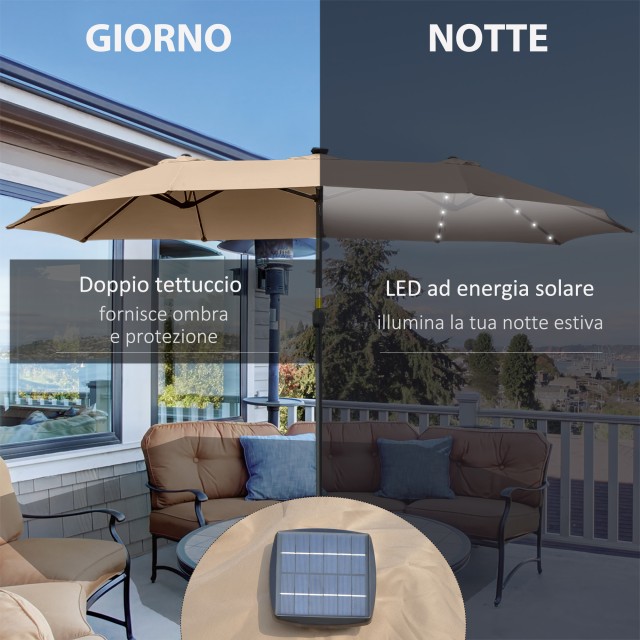 Outsunny Double Parasol Garden 4,5m με 48 LED φώτα και μανιβέλα, Χακί 84D-178KK