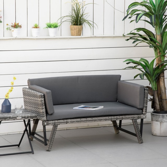 Outsunny 2θέσιος καναπές κήπου σε Rattan με επένδυση και πτυσσόμενα μπράτσα, 129x63x67cm, Γκρι 860-049GY