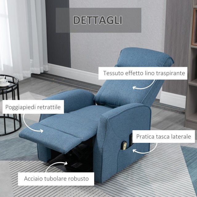 Πολυθρόνα HOMCOM Lift Relax με 8 σημεία μασάζ, ανάκλιση 135° και 2 τηλεχειριστήρια, μπλε 700-106V90BU