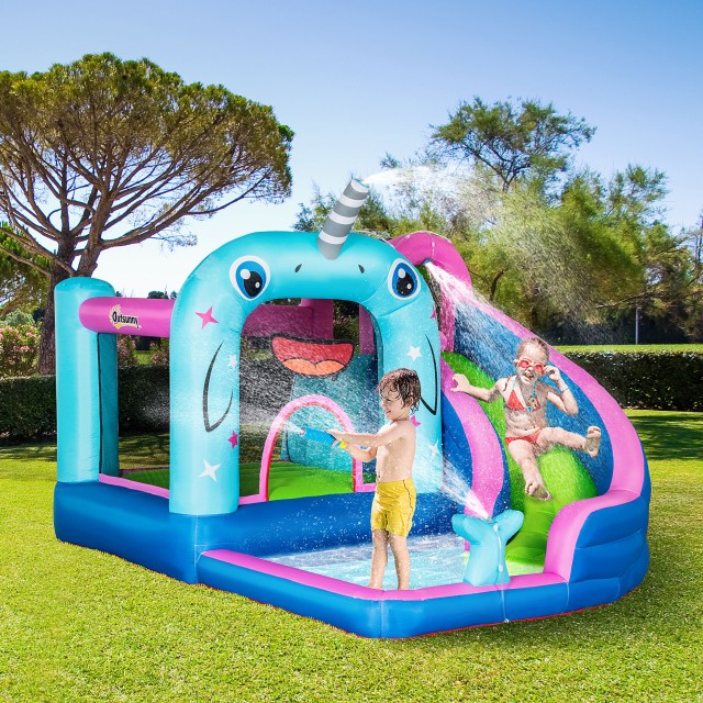 Φουσκωτό παιχνίδι Narwhal Outsunny για παιδιά 3-8 ετών από ύφασμα Oxford με τσάντα μεταφοράς, 11 πονταρίσματα και μπαλώματα, 330x280x200 cm 342-041V90