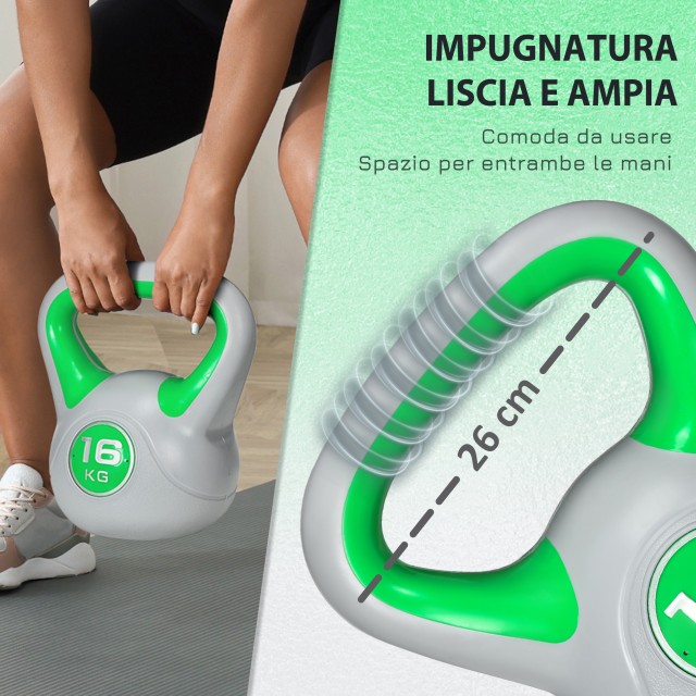 SPORTNOW Kettlebell 16kg σε PU και Sand με επίπεδη βάση και λαβή για Deadlifts, Squats και Lifts, 26x18x32 cm, Πράσινο A91-255V07GN