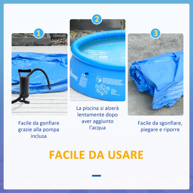 Outsunny 3-στρώσεων PVC φουσκωτή πισίνα κήπου για 3-4 άτομα με βαλβίδα αποστράγγισης και αντλία χειρός, Φ274x76cm, Μπλε 848-025BU
