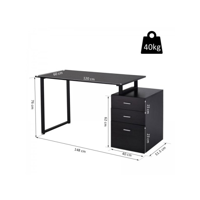 Γραφείο με 3 Αφαιρούμενα Συρτάρια 148 x 60 x 76 cm Χρώματος Μαύρο HOMCOM 836-128BK