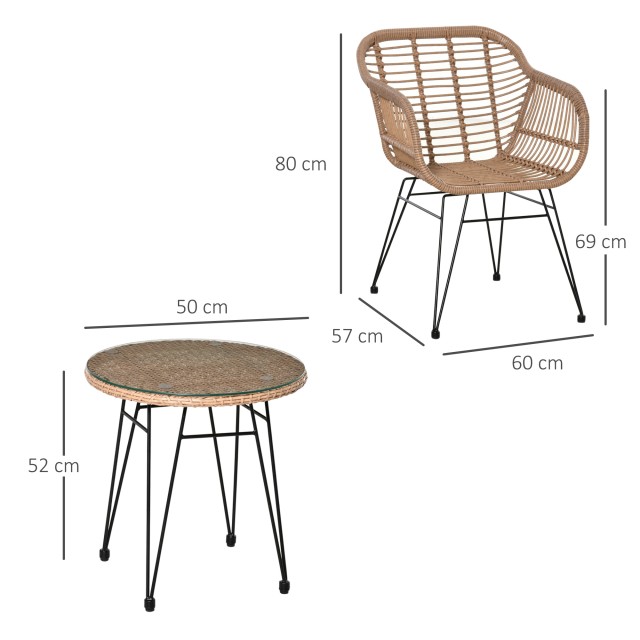 Σετ έπιπλα κήπου Outsunny σε PE Rattan, 2 καρέκλες με μαξιλάρια και τραπεζάκι σαλονιού με γυάλινη κορυφή, γκρι 863-096