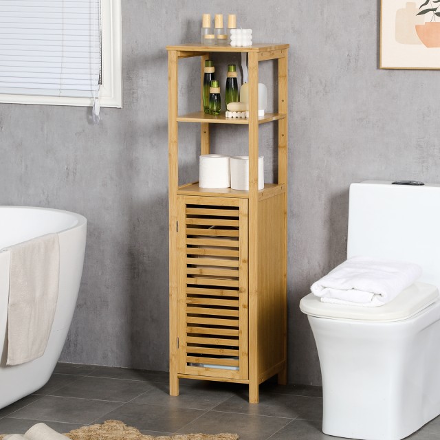 Ντουλάπα μπάνιου kleankin Bamboo με 2 ανοιχτά ράφια και ντουλάπι 2 επιπέδων, 32,9x29,9x120cm 834-467