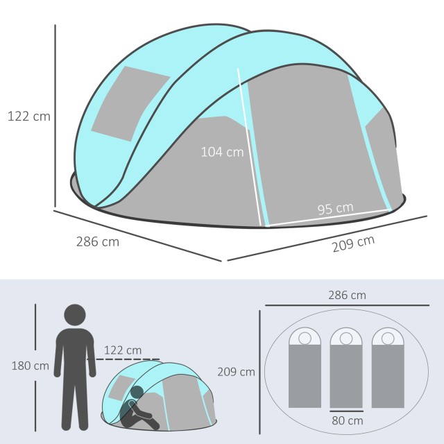 Σκηνή Κάμπινγκ 4 ατόμων Dome, Automatic Pop-Up Igloo Tent, 286x209x122cm, Γαλάζιο A20-261