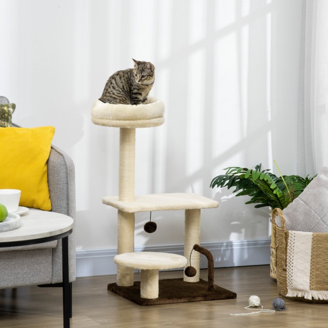 PawHut Cat Scratching Post με Sisal Post, Perch and Play Balls, Chipboard και βελούδινο, 44x38x74 cm D30-562V00BG