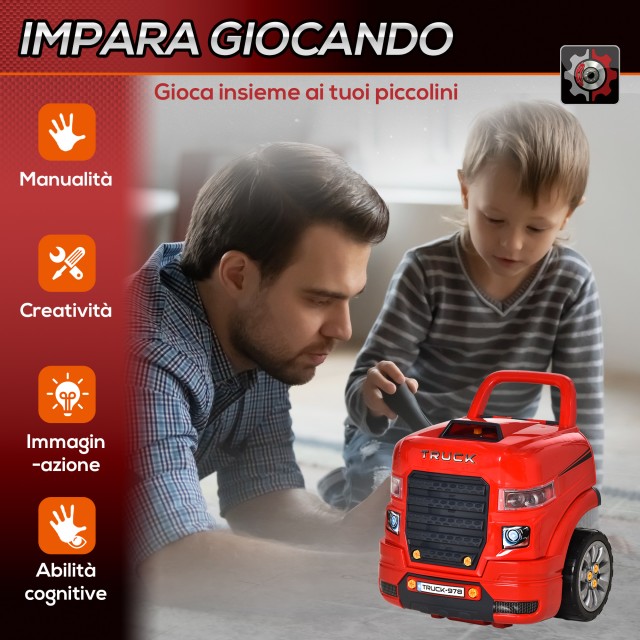 HOMCOM Workshop Toy Truck με μοτέρ και 61 αξεσουάρ για παιδιά 3-5 ετών, ρόδες και λαβή, 40x39x47cm - Κόκκινο 350-129