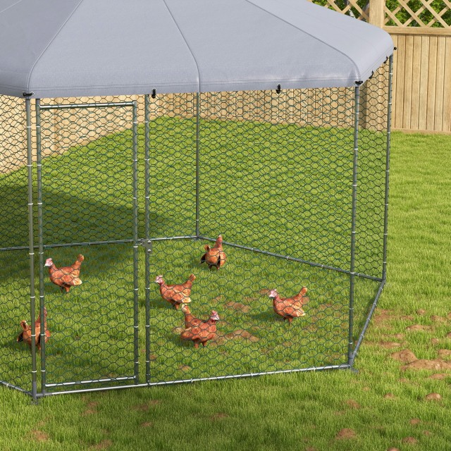 PawHut Chicken Run με οροφή και ατσάλινα πόρτα που κλειδώνει για 10-15 ζώα, 4x3,5x2,6m D51-399V01SR